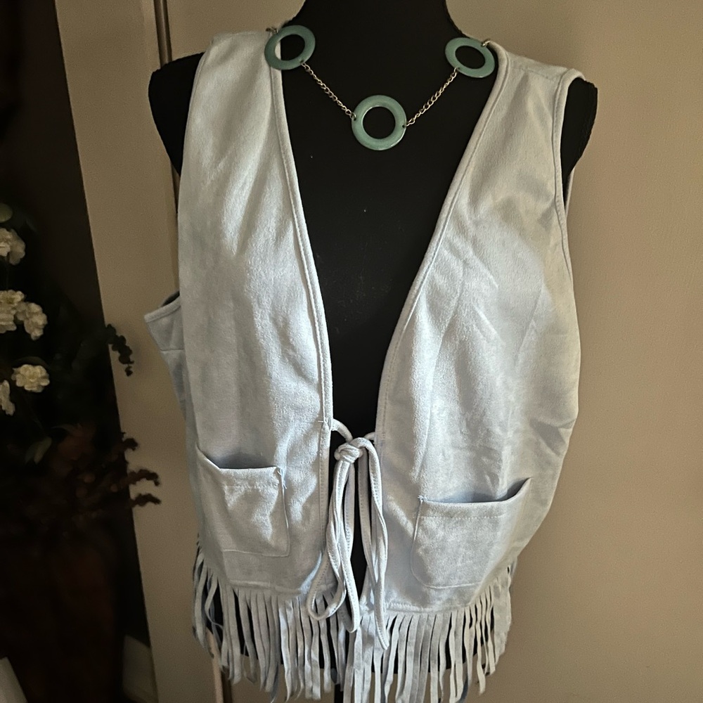 Baby Blue Fringe Faux Suede Vest size 14 - Picture 3 of 7
